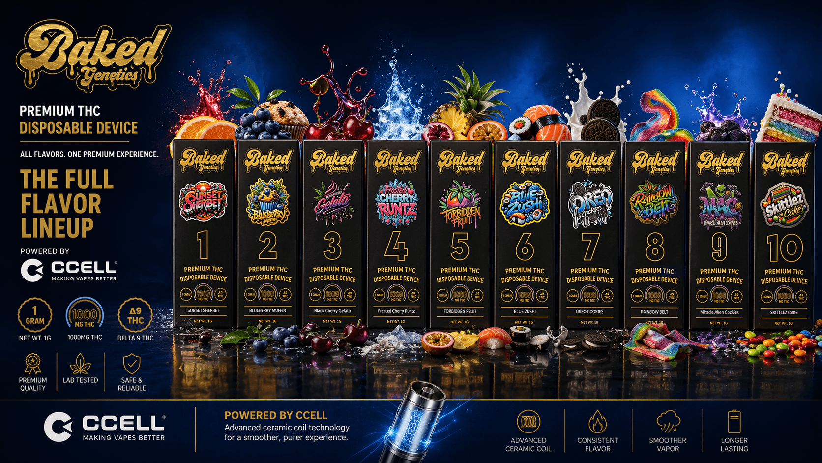 Baked Genetics full vape lineup — all 10 flavors, 1g CCELL disposables, 1000mg THC